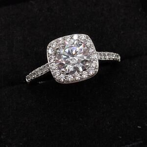Silver Tone Pave Halo Square Crystal Statement Engagement Ring Size 7